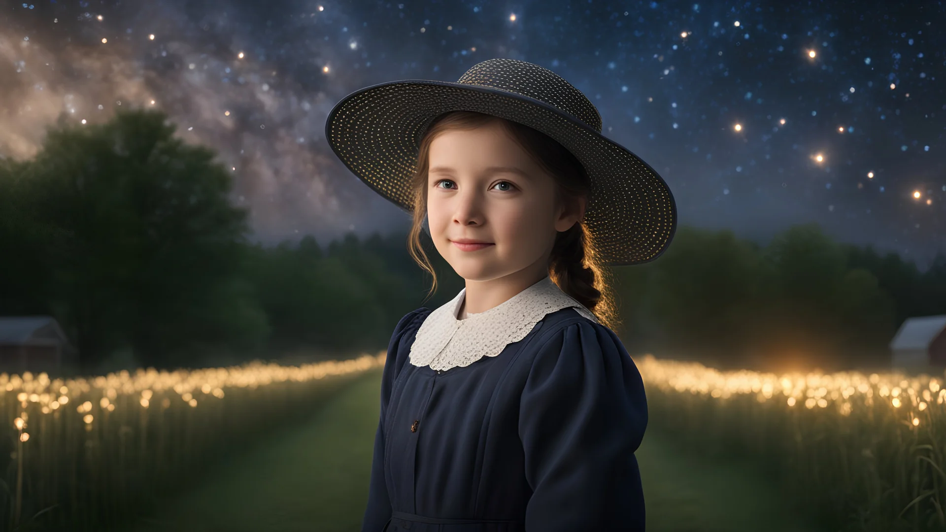 little very young Amish girl, beautiful, peaceful, gentle, confident, calm, wise, happy, facing camera, head and shoulders, traditional Amish costume, perfect eyes, exquisite composition, night scene, fireflies, stars, Amish landscape, beautiful intricate insanely detailed octane render, 8k artistic photography, photorealistic concept art, soft natural volumetric cinematic perfect light, chiaroscuro, award-winning photograph, masterpiece, Raphael, Caravaggio, Bouguereau, Alma-Tadema