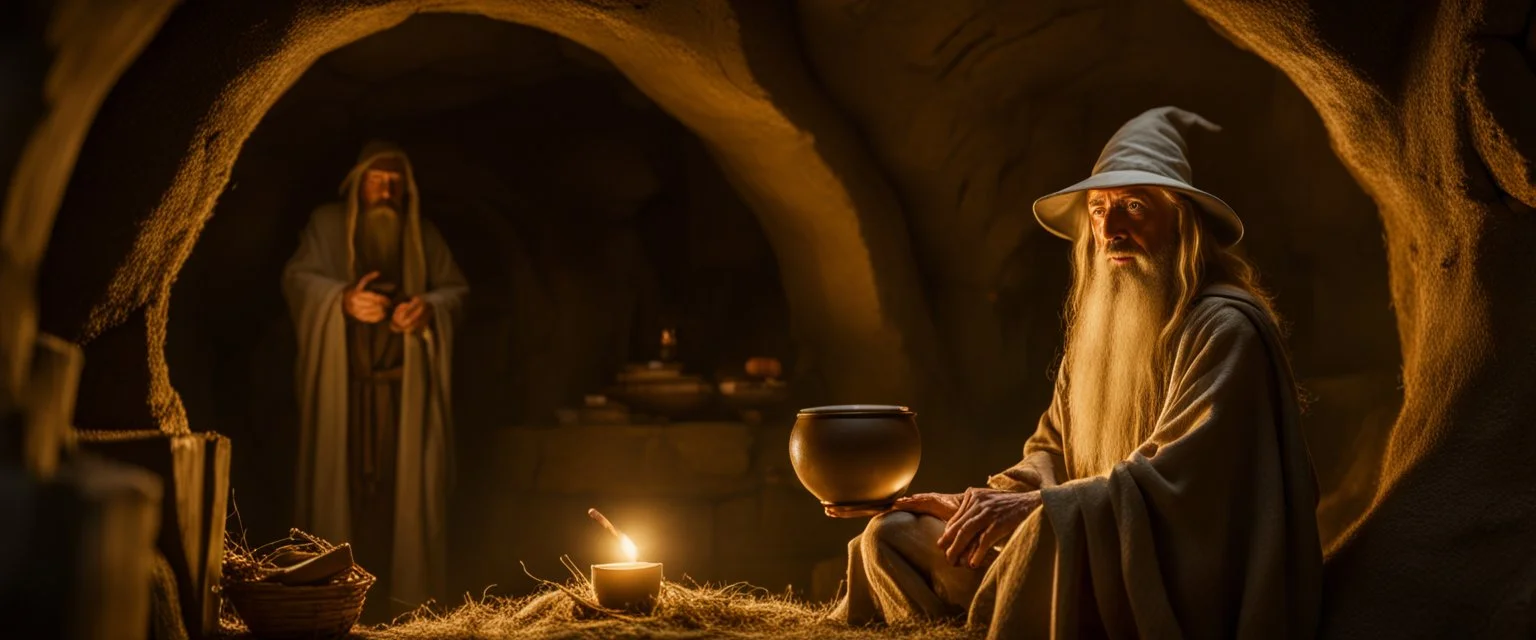 Gandalf levitates Jesus in a hobbit hole interior daylight, shot on Hasselblad h6d-400c, zeiss prime lens, bokeh like f/0.8, tilt-shift lens 8k, high detail, smooth render, down-light, unreal engine, prize winning