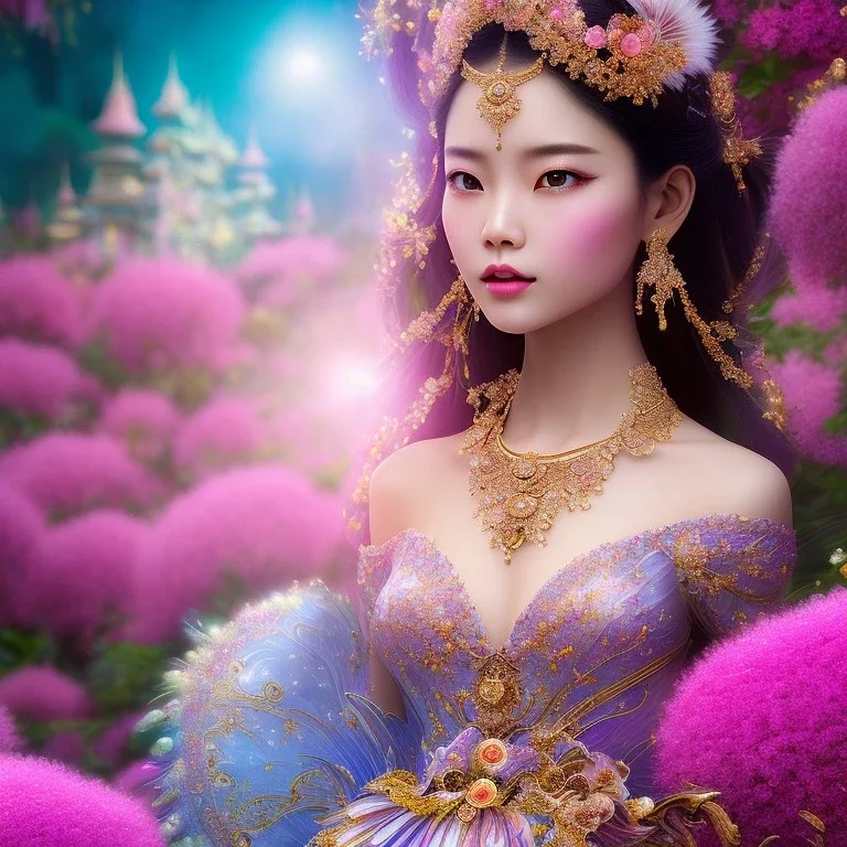 bright fairy, beautiful portrait of asiatique beautiful girl, flowery a magical crystal flower lys bougainvillier, blue gold house indian palace castle in the woods, magnolias pink,blue lake,sun,white swanns,pink vertical, blue lake,sharp, vines, candlelit, endor, ornate, elegant, highly detailed, artstation, concept art, smooth, sharp focus, illustration, 8k, splash art, wallpaper, key visual