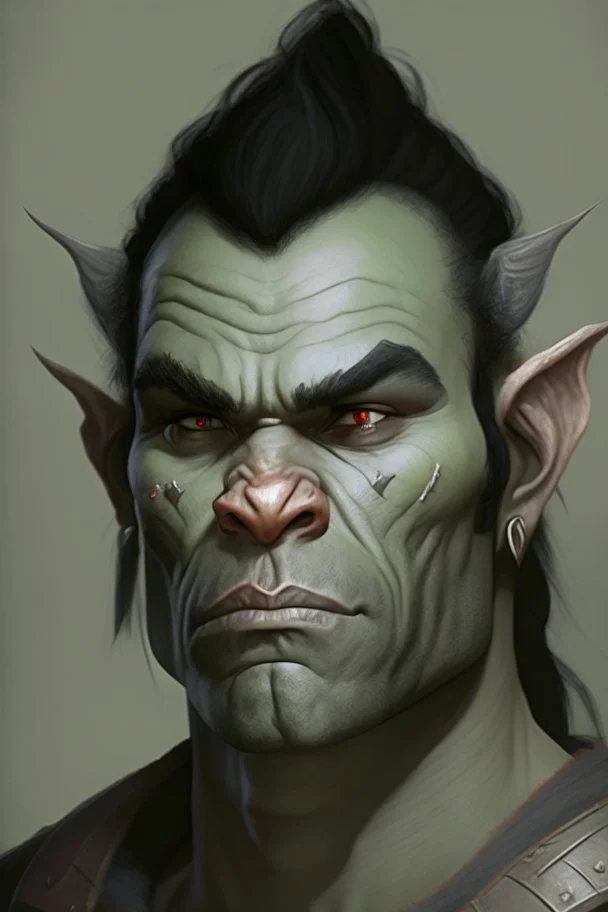 Portrait of an half-orc, grey skin, proud look, short dark hair