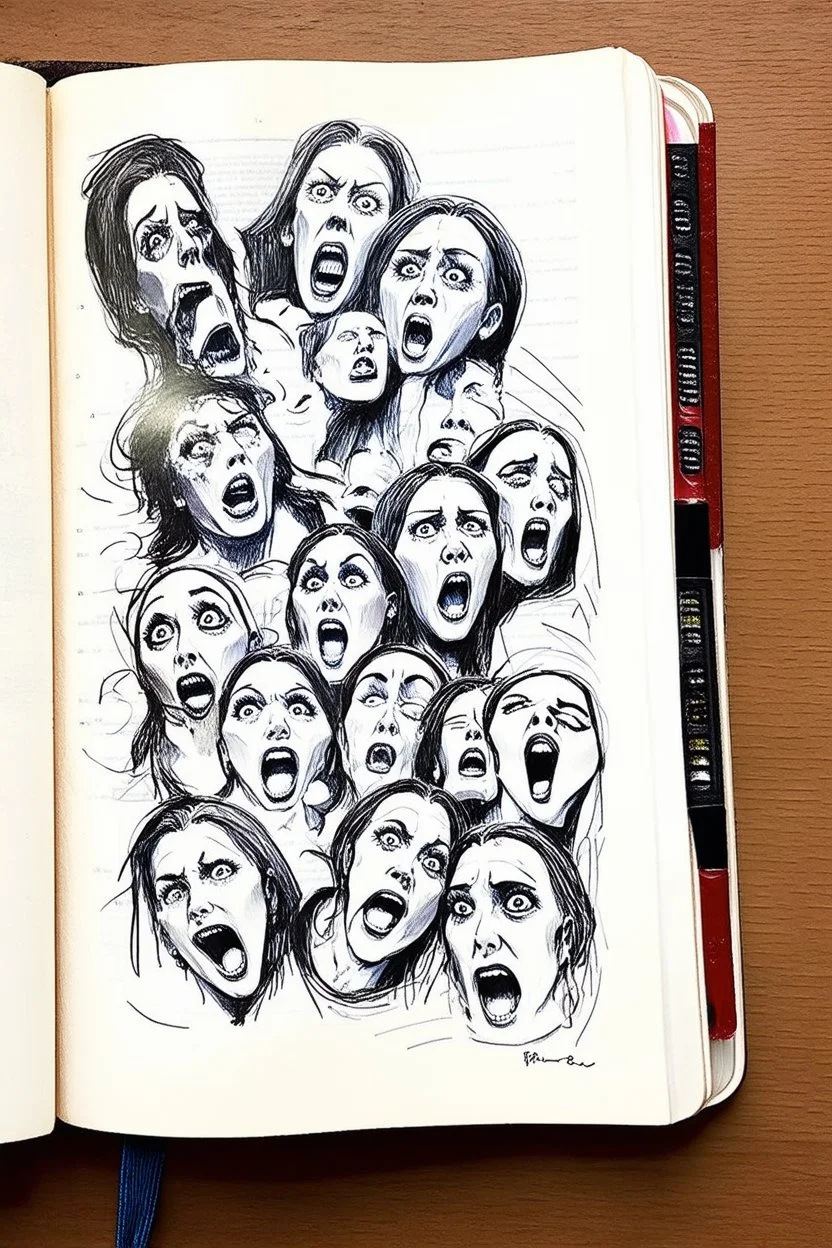 sketch of many faces on a pages, screaming and sad, demented, mad, journal