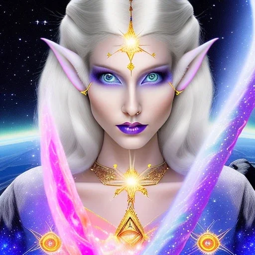 cosmic mage, elf, female, cosmic magic, long ears, white hair, face details, pale skin, jewellery, broad shoulders, sharp ears, star clothes, cosmic eyes, ears shown, the cosmos in eyes, shining eyes, thin face, detailed ears, magical eyes, closed mouth, make up, smiling face, happy face, pointy ears