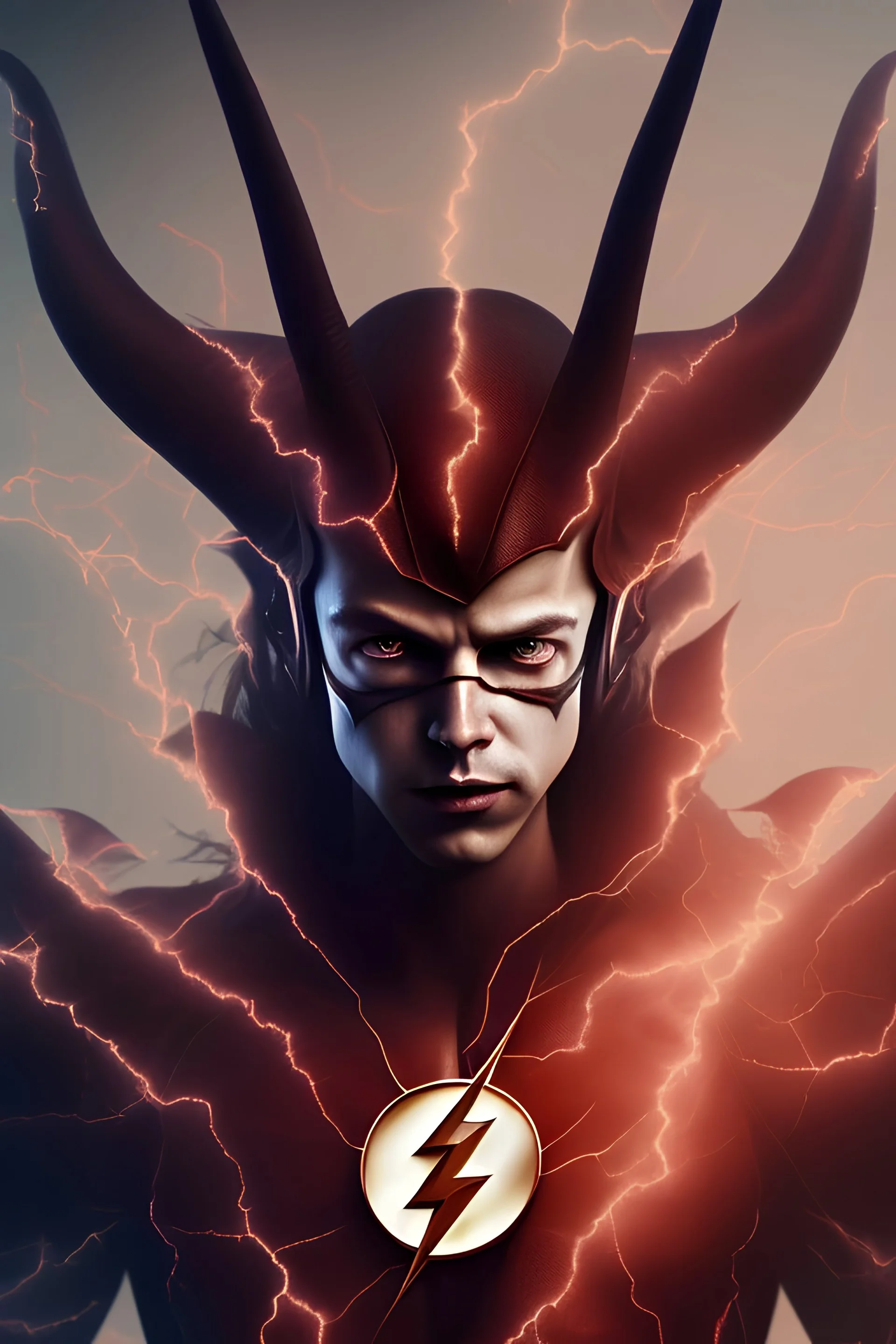 The Flash, Demonic character, demon horns, demon tail, ominous, facepaint, waist up portrait, intricate, oil on canvas, masterpiece, expert, insanely detailed, 4k resolution, retroanime style, cinematic smooth, intricate detail , soft smooth lighting, soft pastel colors, painted Renaissance style