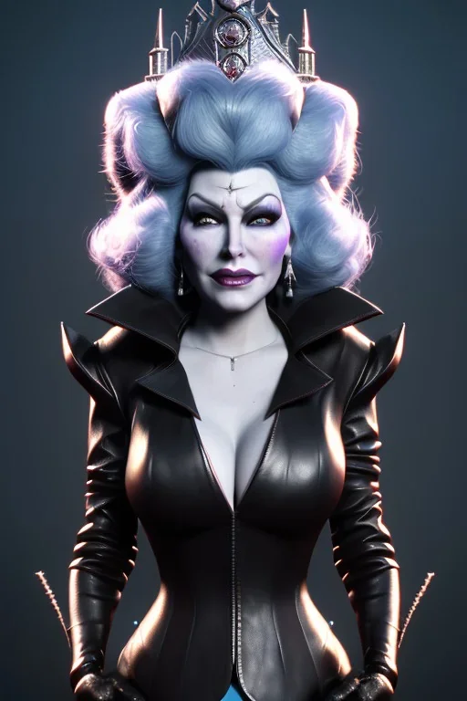 Mae West as evil queen in black leather, leather, busty, cleavage, angry, stern look. character design by cory loftis, fenghua zhong, ryohei hase, ismail inceoglu and ruan jia. unreal engine 5, artistic lighting, highly detailed, photorealistic, fantasy