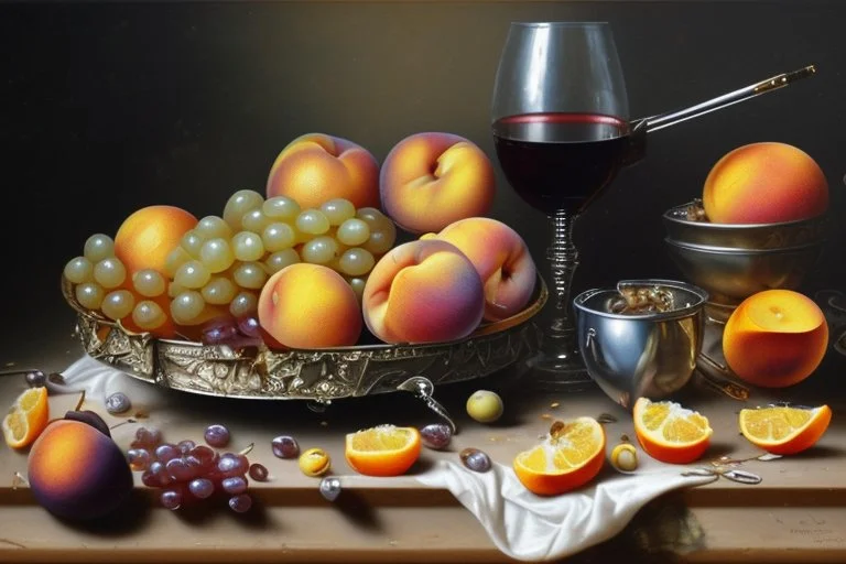 Create a masterpiece an oil painting on cracked canvas: of a Gleaming melting chrome serving tray with spent wine, partially decayed grapes, peaches, oranges, lemon's, walnuts, discarded dry stale bread and mouldy cheese, cloth draped over an old wooden ultra textured table, ultra-realistic portrayal, 8k resolution, rich cool tones, intricate textures, reflections, flawlessly polished exteriors, rule of thirds futuristic concept art of a still life Masterpiece. Modifiers: trending on Artstation