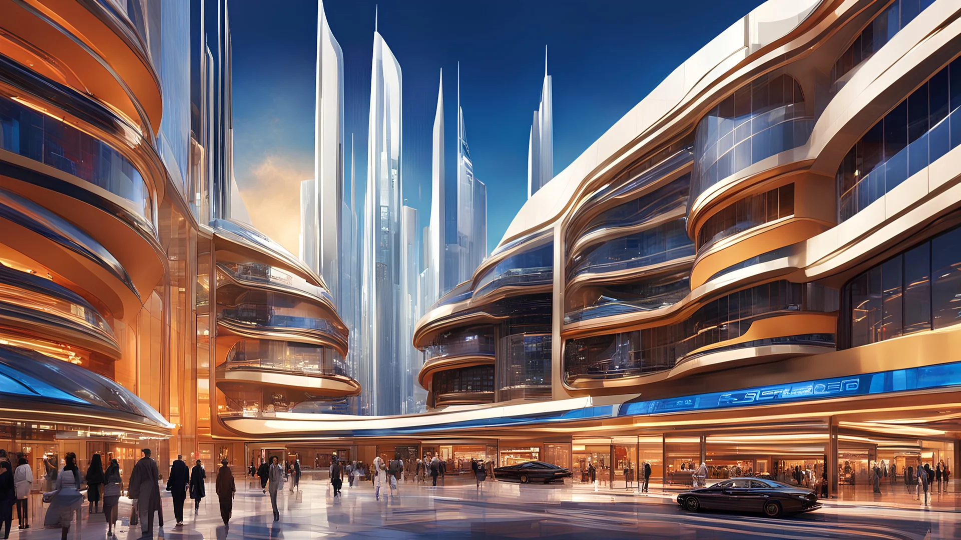 A futuristic and stunningly beautiful high-rise shopping center architectural structure with bold, futuristic design elements, blending seamlessly into the art form of digital illustration. Inspired by the works of Syd Mead. The scene showcases the center amidst a bustling city, its sleek lines contrasting with the urban environment. A warm color temperature adds vibrancy, highlighting the architectural details. Shoppers and visitors exhibit expressions of awe and excitement. Illuminated by soft