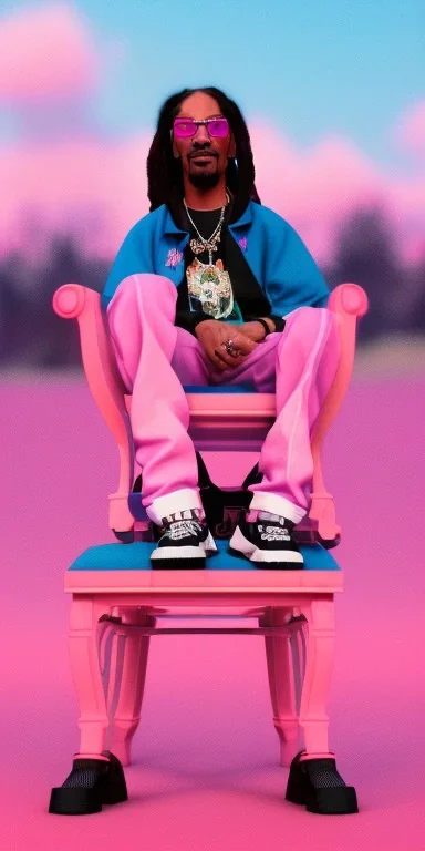 Snoop dogg, sitting. a chair. pink houses, pink sky, pink smoke, trees, outdoors. Groove street. 28mm