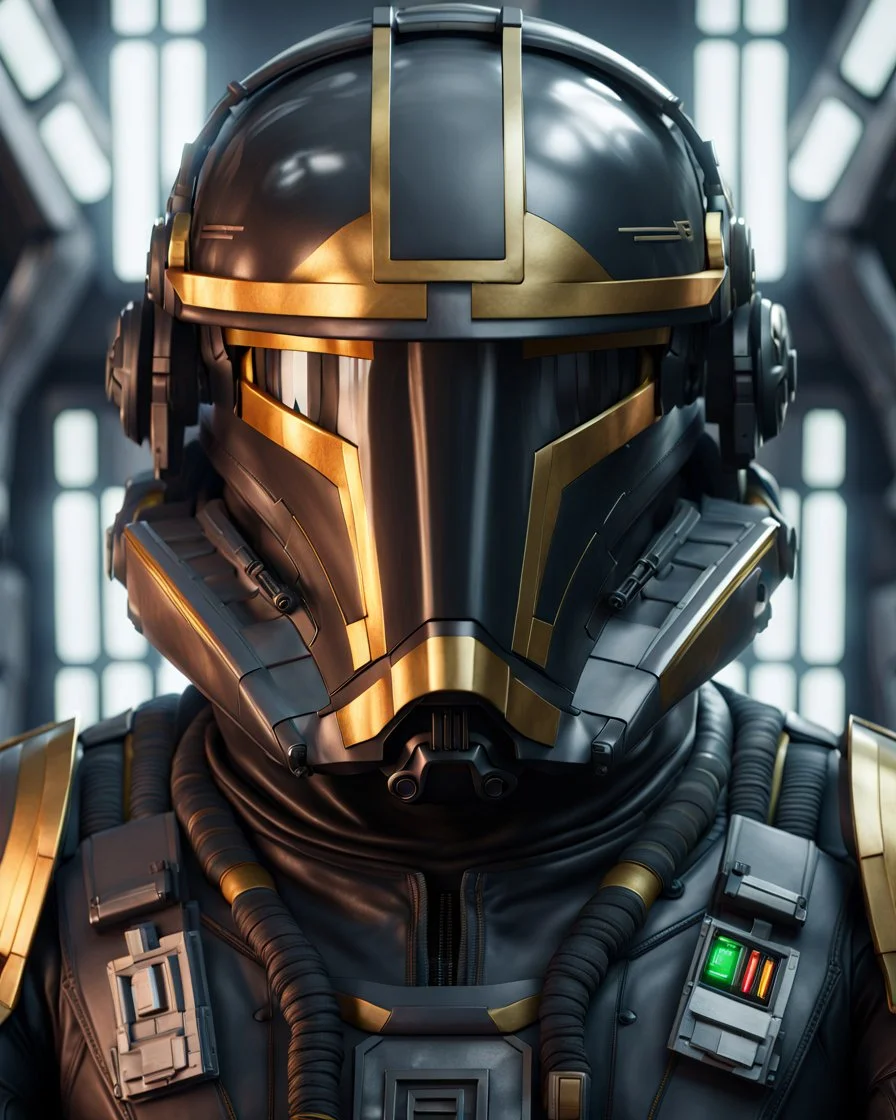 star wars bald male corellian pilot wearing dark gunmetal grey and black First Order special forces TIE pilot armored flightsuit and helmet with gold trim inside the jedi temple, centered head and shoulders portrait, hyperdetailed, dynamic lighting, hyperdetailed background, 8k resolution, volumetric lighting, light skin, fully symmetric details