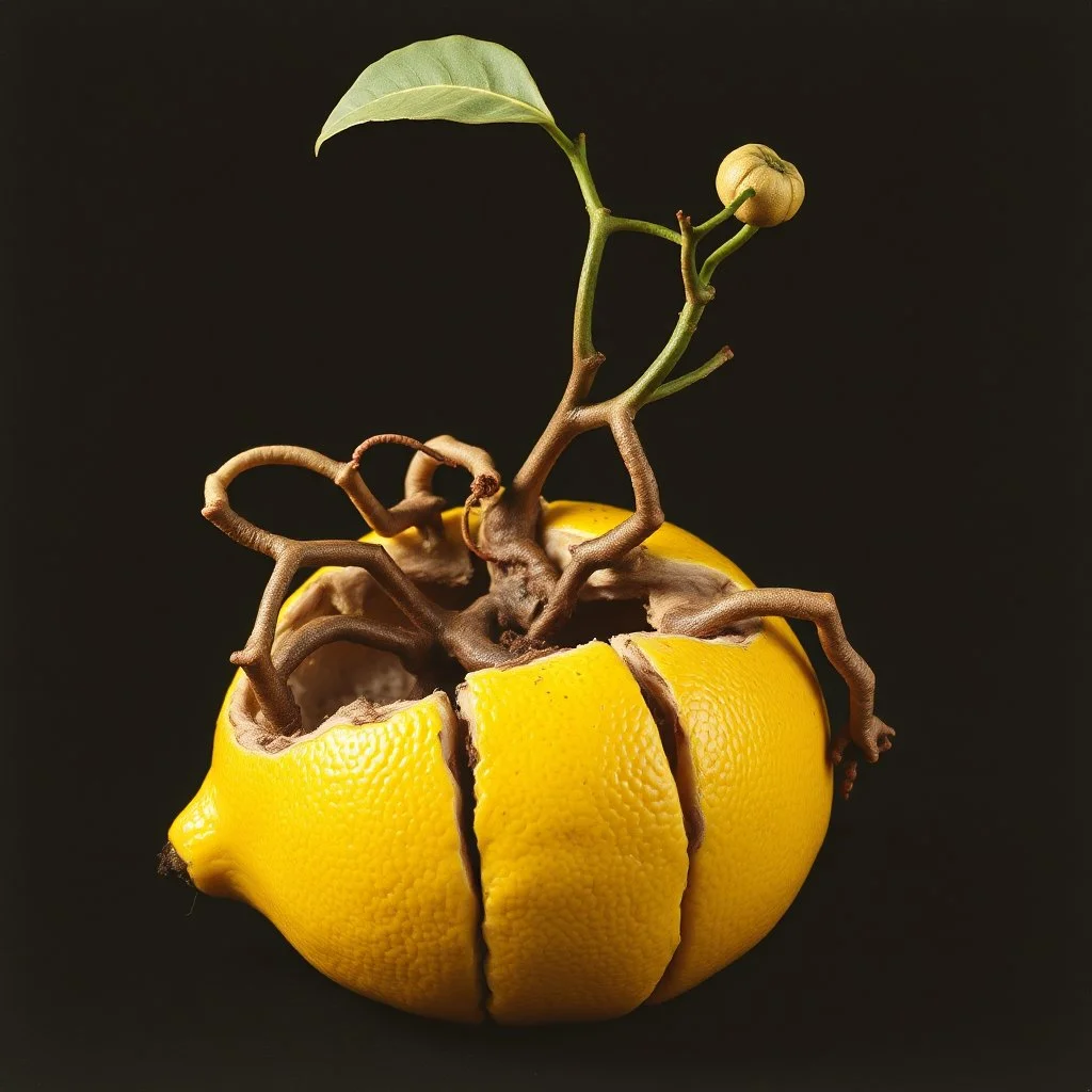 modernist surreal image, gnarly composition, grainy photography, faded colors, dark negative space, surreal, nihilistic, segmented rotting lemon with extra and mismatched underdeveloped limbs sprouting from the old fruit, meandering offset coherence, minimalism, foreboding, post-humanist pessimism