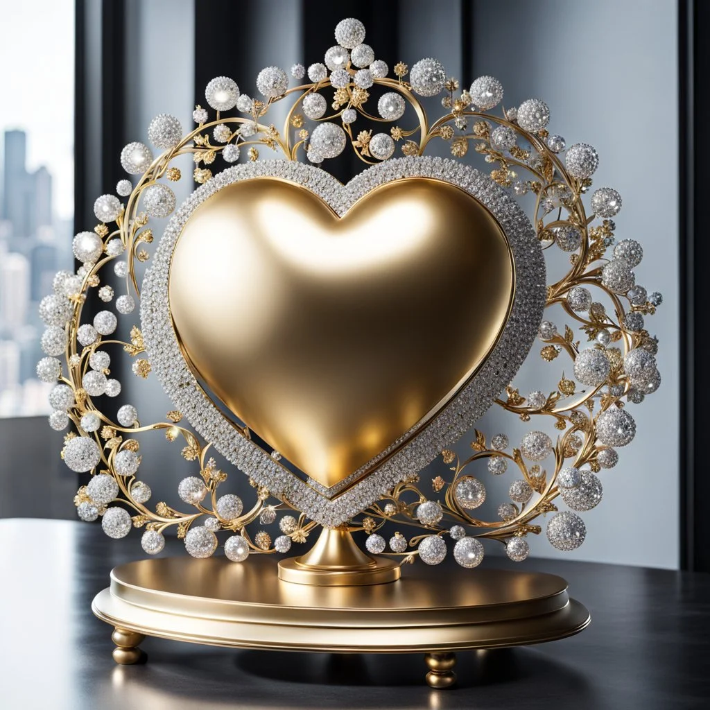 A magnificent golden and silver heart-shaped sign adorned with a stunning golden sphere encrusted with sparkling diamond clusters at its center, elegantly spinning in position.