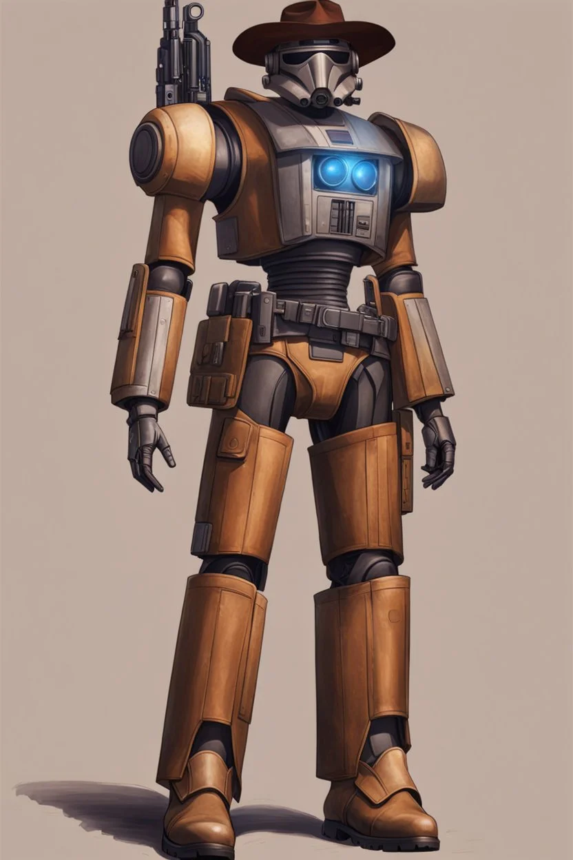 A Star Wars Combat Droid, Wearing Western Cowboy Clothes, Armour looks like Halo, Wearing a cowboy hat and a Cowboy Over-Coat. HD, Details, Smooth