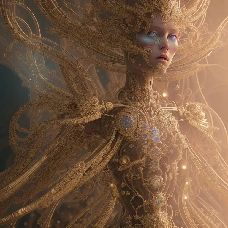 machine architecturally awakened with mystical alchemical circuitry flowing from her, intricately detailed ornate baroque crystals, delicate metallic surfaces, baroque engraving, highly detailed, magical aesthetic, magical light, 8k ultra realistic, unreal engine, octane render, directed by moebius elden ring, david bowie