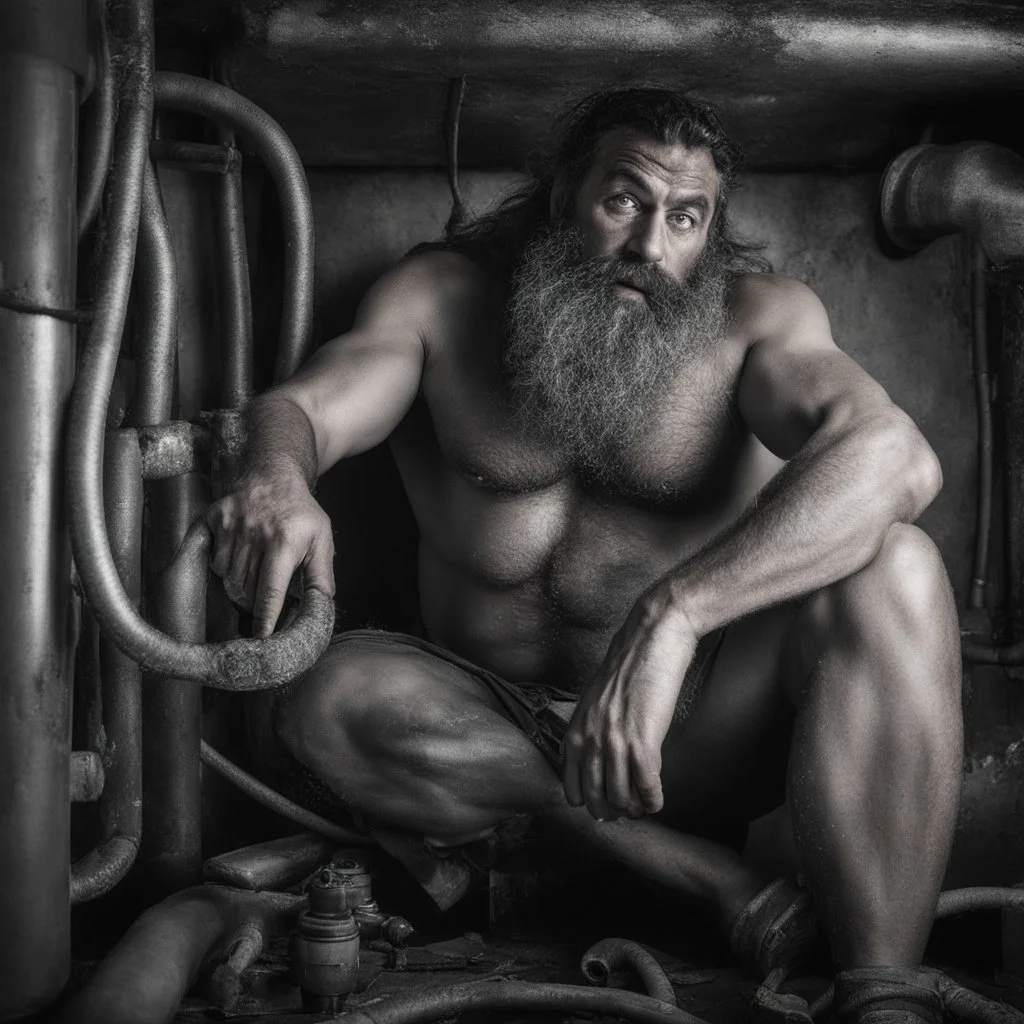 close up shot photography, ugly wet arab beefy plumber repairs boiler, burly, shirtless, hairy allover, manly chest, long beard, 42 years old, dressed in broken dirty boxer, big thighs, seen from below, frontal view, ambient occlusion, side light