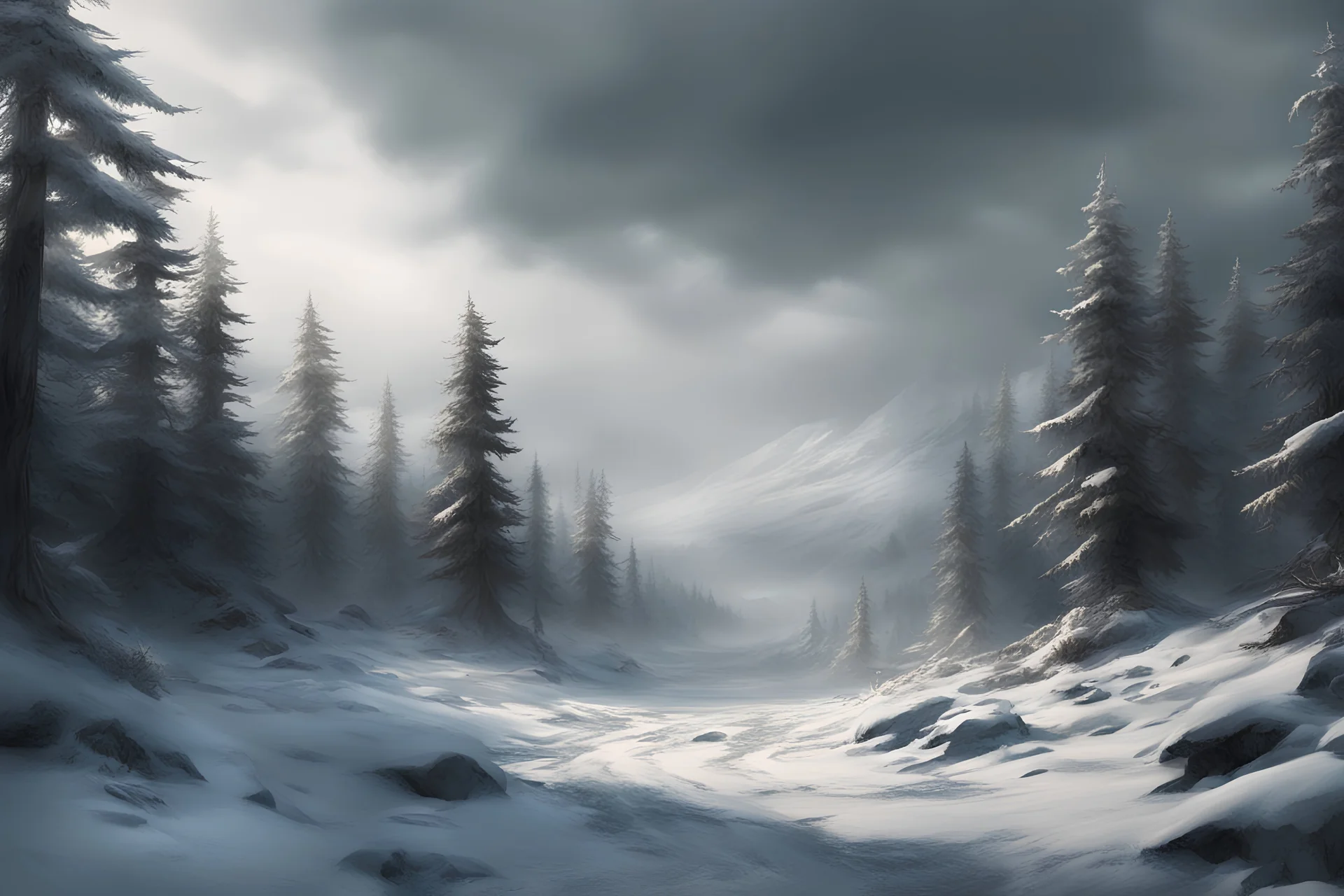 a forest scene, cold, windy, snowy, ruthless forest, scary, cinematic, Tundra region