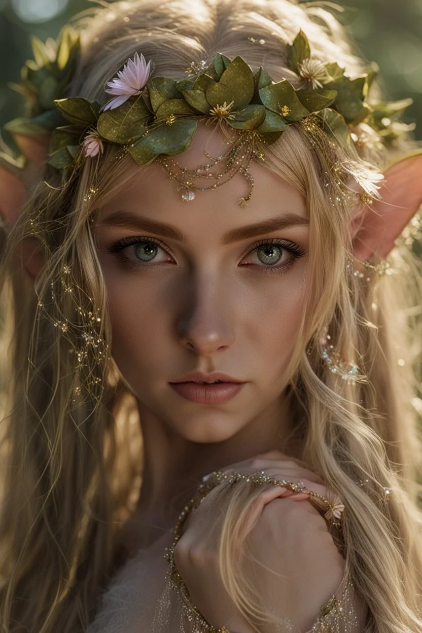 Pointed elven ears,Blonde hair ,Pink dress,Sparkling fairy wings,Very long golden hair,Fairy crown,pointed ears,elven ears,fairy wings,water lilies,sparkling,glittering,flowers,blossoms,golden crown,light pink dress