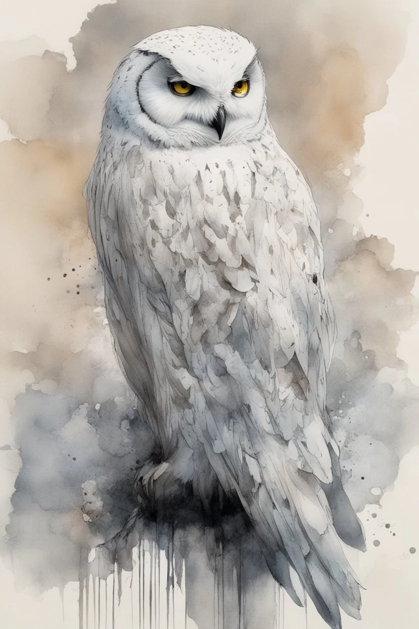 ink wash and watercolor full body illustration of a hybrid Snowy Owl girl with highly detailed feathers and facial features in the comic book style of Bill Sienkiewicz and Jean Giraud Moebius, with a fine art aesthetic, highly detailed , 4k UHD cinegraphic quality