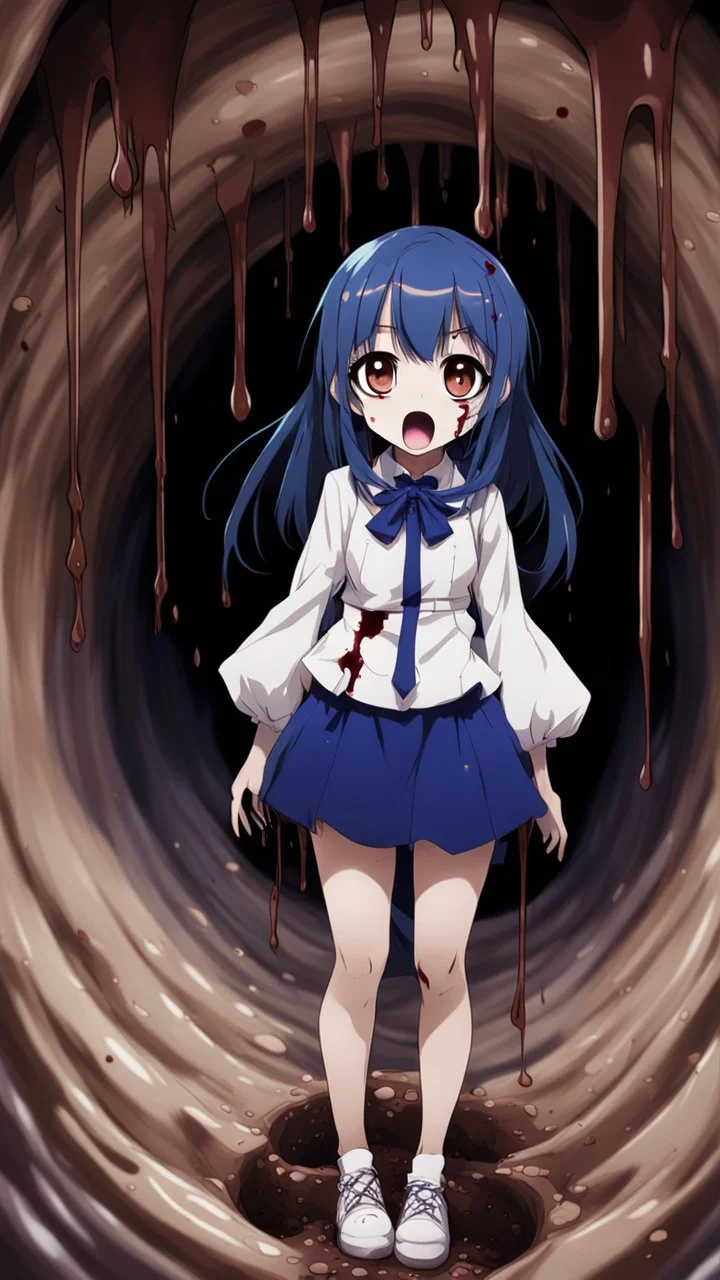 Anime girl with big eyes, darkblue and sepia tones, fullbody, slime, the perspective looking up from the bottom of an empty well, rolling eyes, tongue out, blood drip, open mouth,