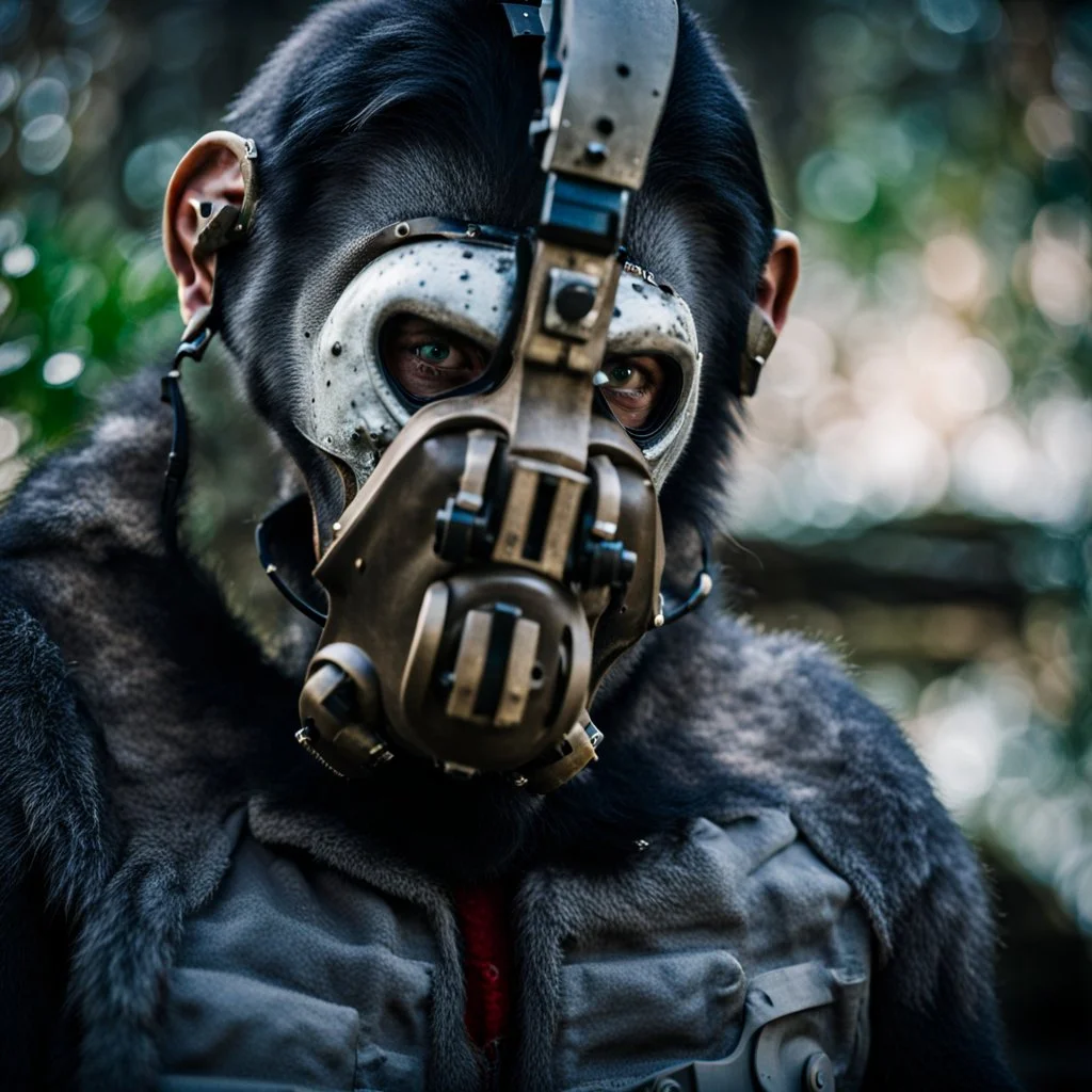 Cyborg, Ape, breathing device, gas mask, respirator Christopher Nolan, Dystopian, Extreme depth of field, bokeh blur, Alberta, all-natural, in the style of candid, imperfection, natural lighting, Fuji Film, Anamorphic lens