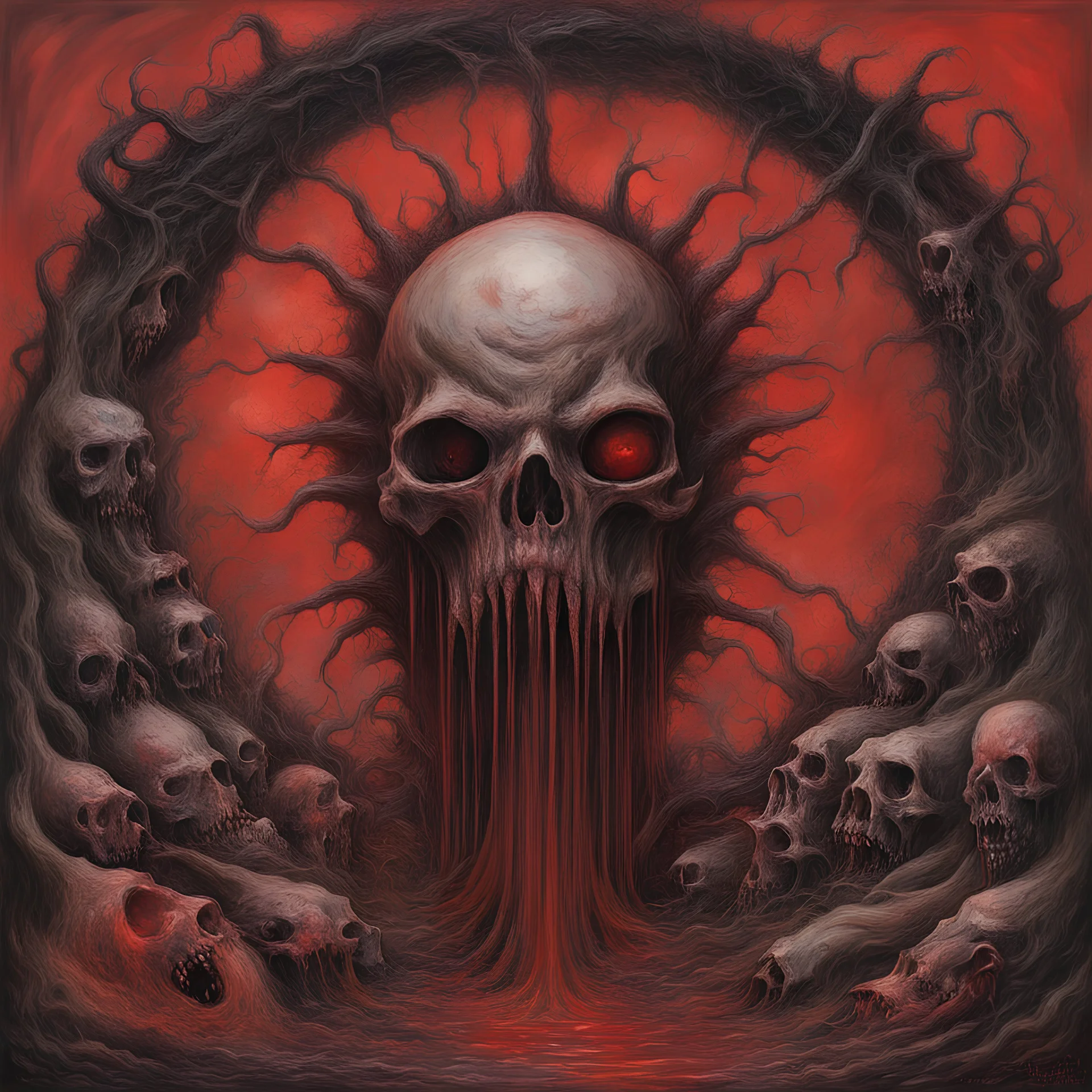 psychic silt only seen by demonic festering filth, parasite cornucopia spilling entrails shape, asymmetric, dramatic, surreal horror, by Wes Benscoter and Jim Dine, red hues, heavy metal album cover from (text:"AFTERBIRTH":1.5) in death metal spiky font, symbolic art