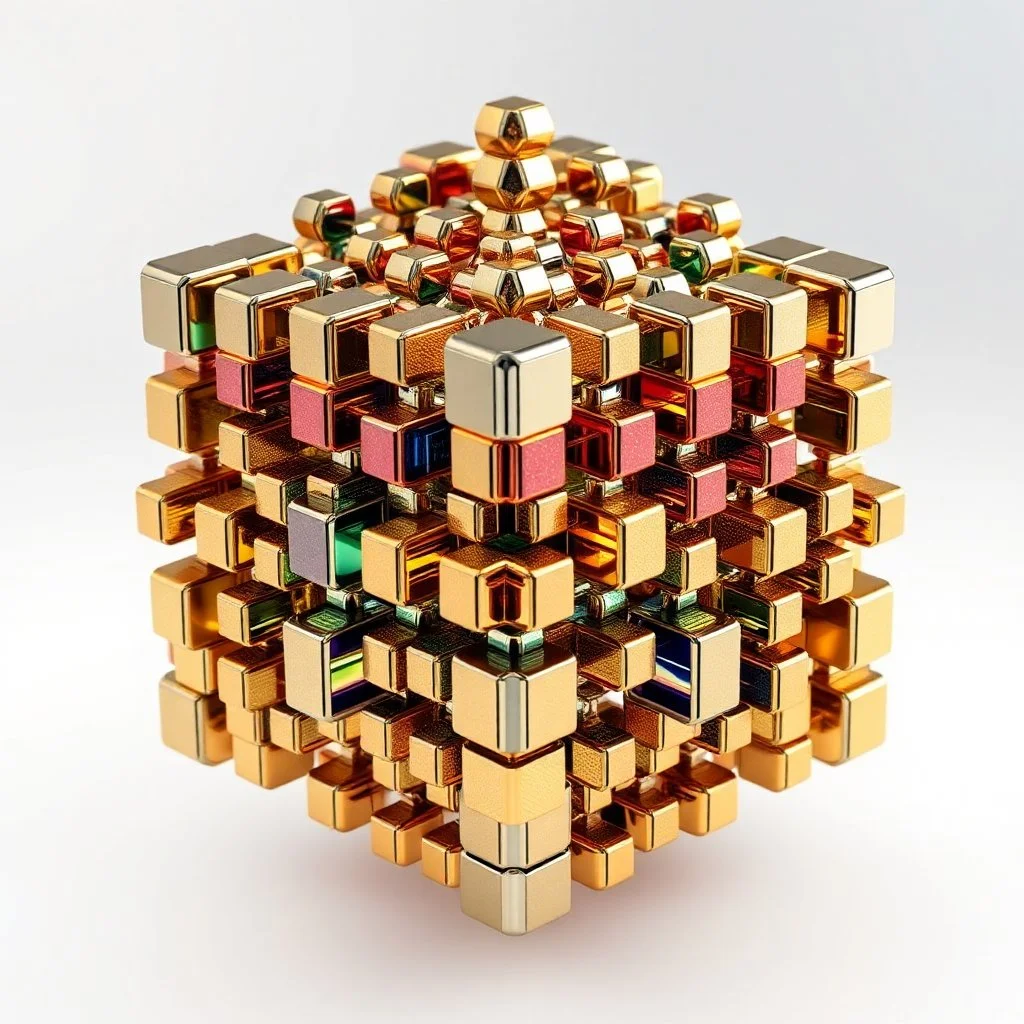 a mandelbox 3d fractal made of small metallic random color cubes