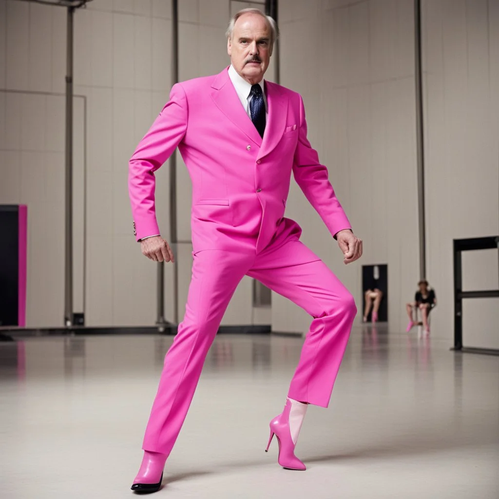 Et voila: John Cleese with massive muscles in a pink battlesuit pink gloves and pink high heel boots. The Ministry of Silly Walks.