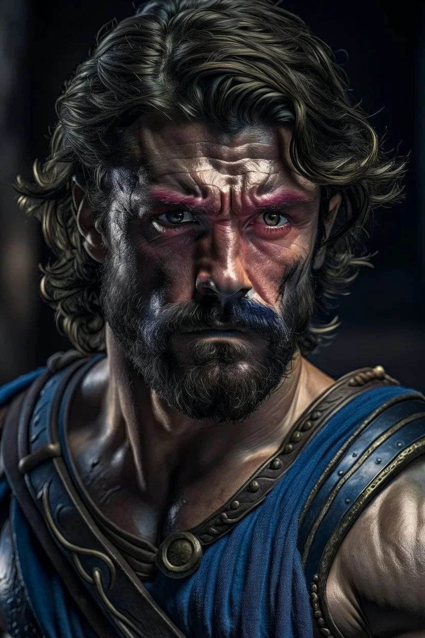 Jack, the daring gladiator, is a young and muscular man with a well-defined physique. His dark hair is short and neatly groomed, and his piercing blue eyes exude confidence. He sports a close-cropped beard and mustache, giving him a rugged look. Jack's skin is tanned from countless hours of training in the arena., shot on Hasselblad h6d-400c, zeiss prime lens, bokeh like f/0.8, tilt-shift lens 8k, high detail, smooth render, down-light, unreal engine, prize winning