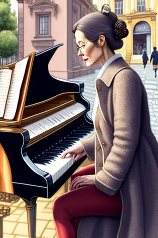 One single mature cat lady playing piano on the street, Vienna, friendly, model style, hyper realistic, extremely accurate, delicate, extremely detailed, Graphic novel style, wide-angle, open aperture, superfine pencil