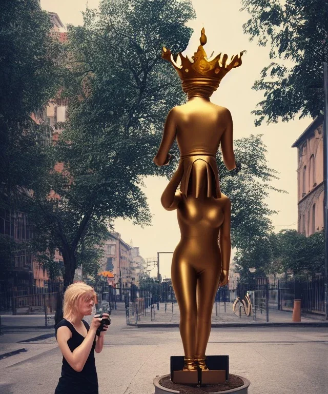 Statue of Queen of photography. Cute blonde woman. Photographer in golden crown. Standing on the street. Big camera in her hand. hyperdetailed, photorealistic, trending on artstation, greg rutkowski, beksinski, kodachrome, lomography, golden hour, bokeh, volumetric light