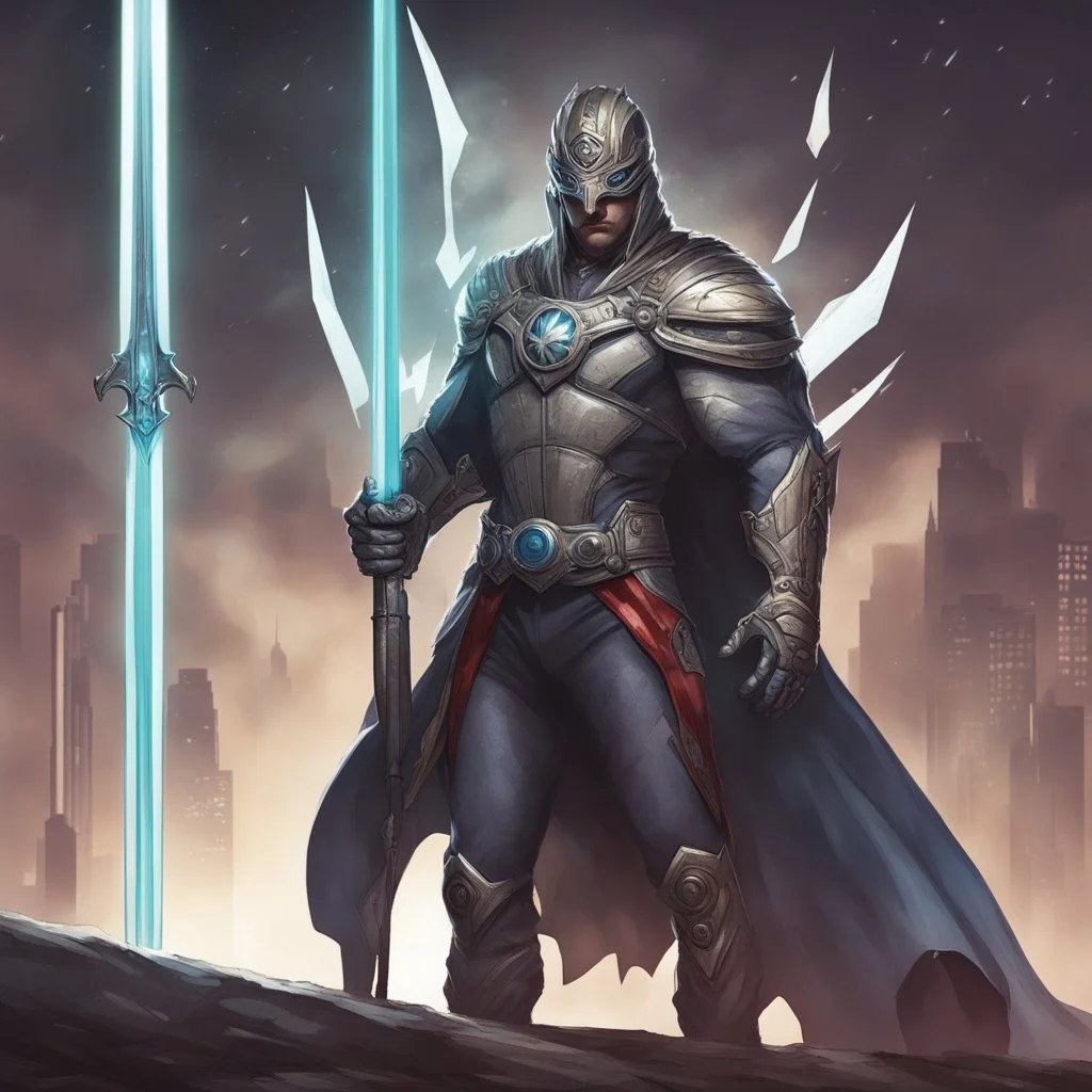 A legendary and wonderful long sword with in hand,A superhero man with infinite power and technology from the galactic race