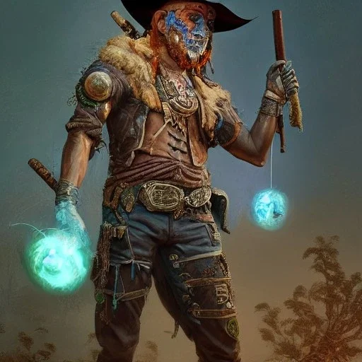 Insanely detailed photograph of an “ a midevil cowboy warrior "with worn Sombrero, handsome charo,cigar,glowing bluish green orb in outstretched hand, hyperdetailed painting by Ismail Inceoglu Huang Guangjian and Dan Witz CGSociety ZBrush Central fantasy art album cover art,8K, hdr, mysterious, flickeringlights ,Stoic