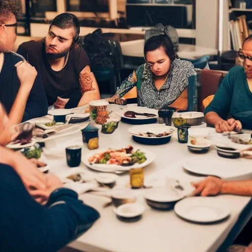 pessoas sentadas à mesa num clima de suspense