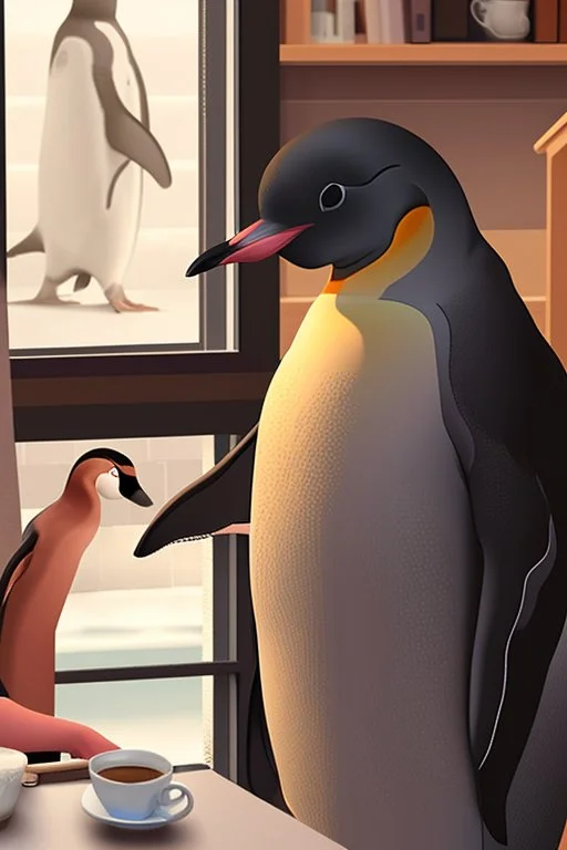 young woman talk to a penguin friend in coffee-shop