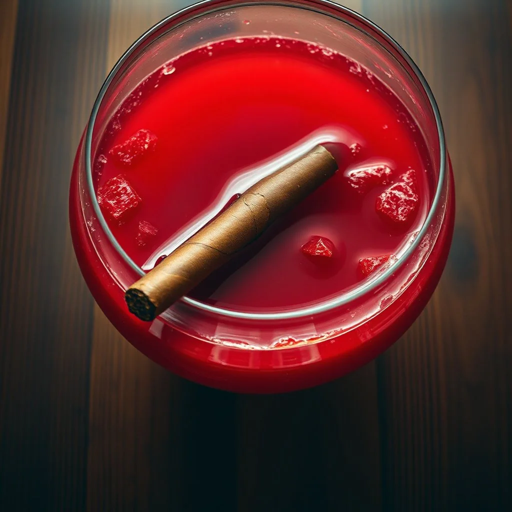 grainy photography, top-down perspective, large punchbowl full of red punch on a wooden table with a chewed brown cigar floating in the bowl, gritty, hyperreal image