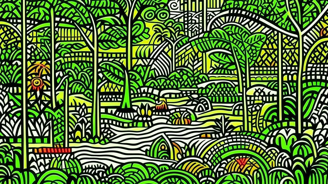 An olive green jungle with a river designed in Navajo baskets painted by Keith Haring