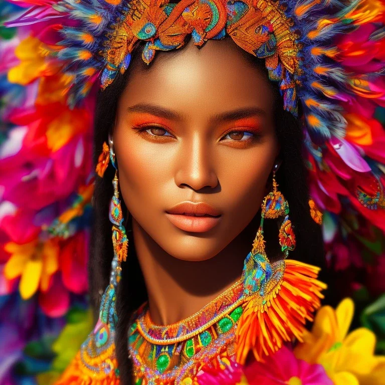 bright brazilian indigenous, beautiful portrait, flowery landscape, light, luminous