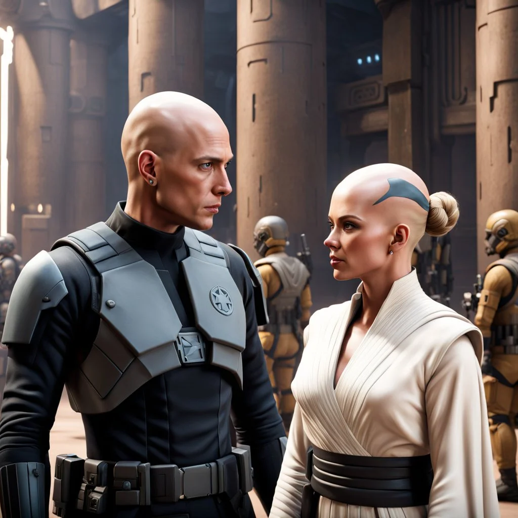 a bold and heroic bald male Corellian pilot in black and grey First Order special forces gear meets a female Jedi Master in ancient, mystical temple, hyperdetailed, dynamic lighting, hyperdetailed background, 8k resolution, volumetric lighting, light skin, fully symmetric details