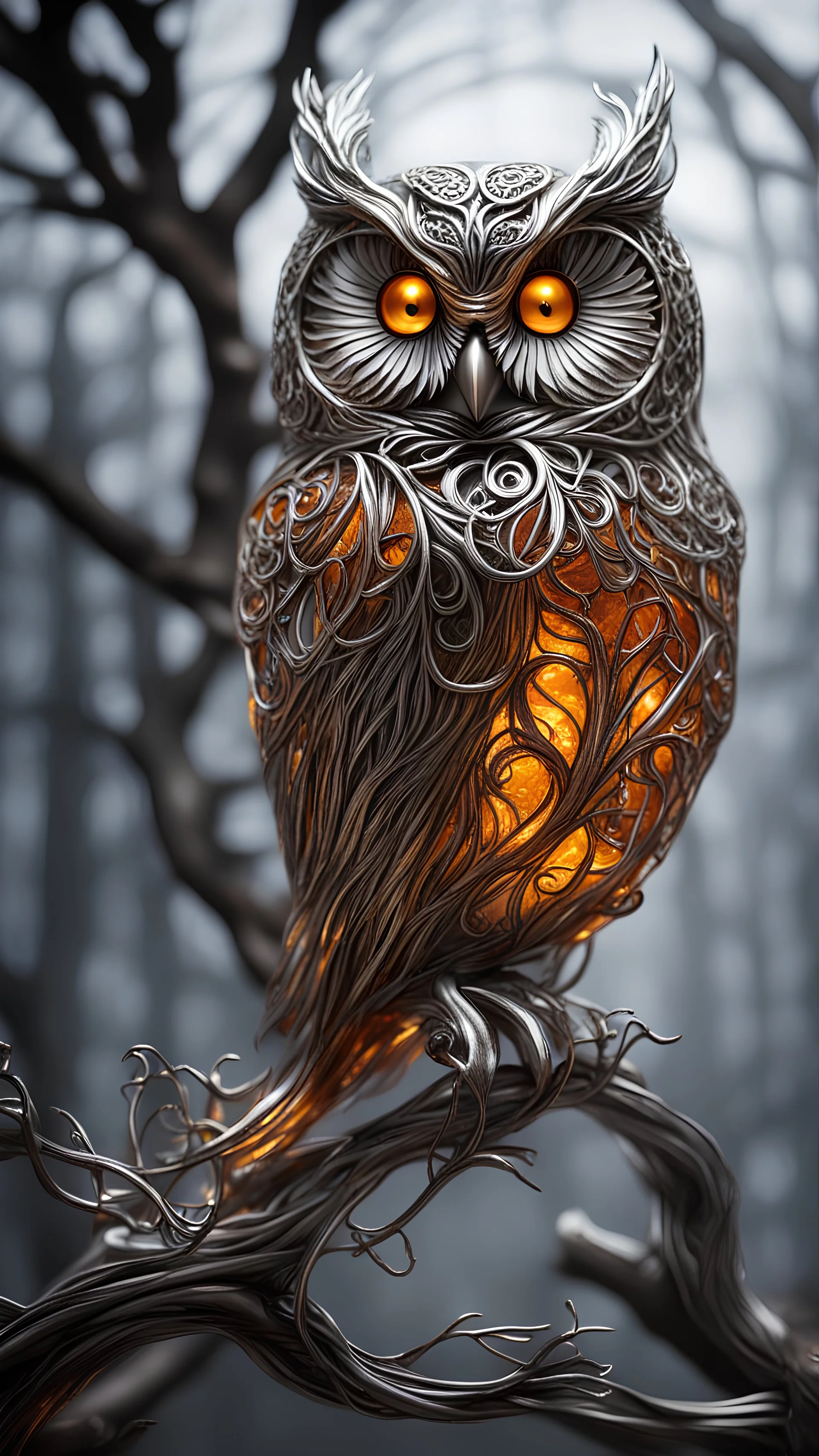 A captivating cinematic photograph captures the essence of an exquisite Art Nouveau owl sculpture, skillfully crafted in delicate silver wire and warm amber. Perched atop a twisted tree branch, the owl's intricate and elaborate filigree design exudes pride and mystery. A misty atmosphere enshrouds the scene, imbuing it with a magical aura. Rays of light break through the darkness, bathing the owl and the expansive, mysterious forest in a soft, ethereal glow. The image evokes a sense of enchantme