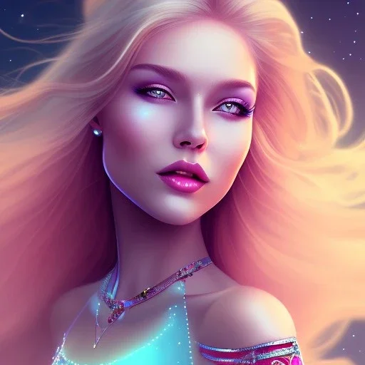 Smiling happy cosmic girl, jewels, realistic long blond hair, blue eyes, pink glossy lips, cinematic lights, HQ, 4k, high details