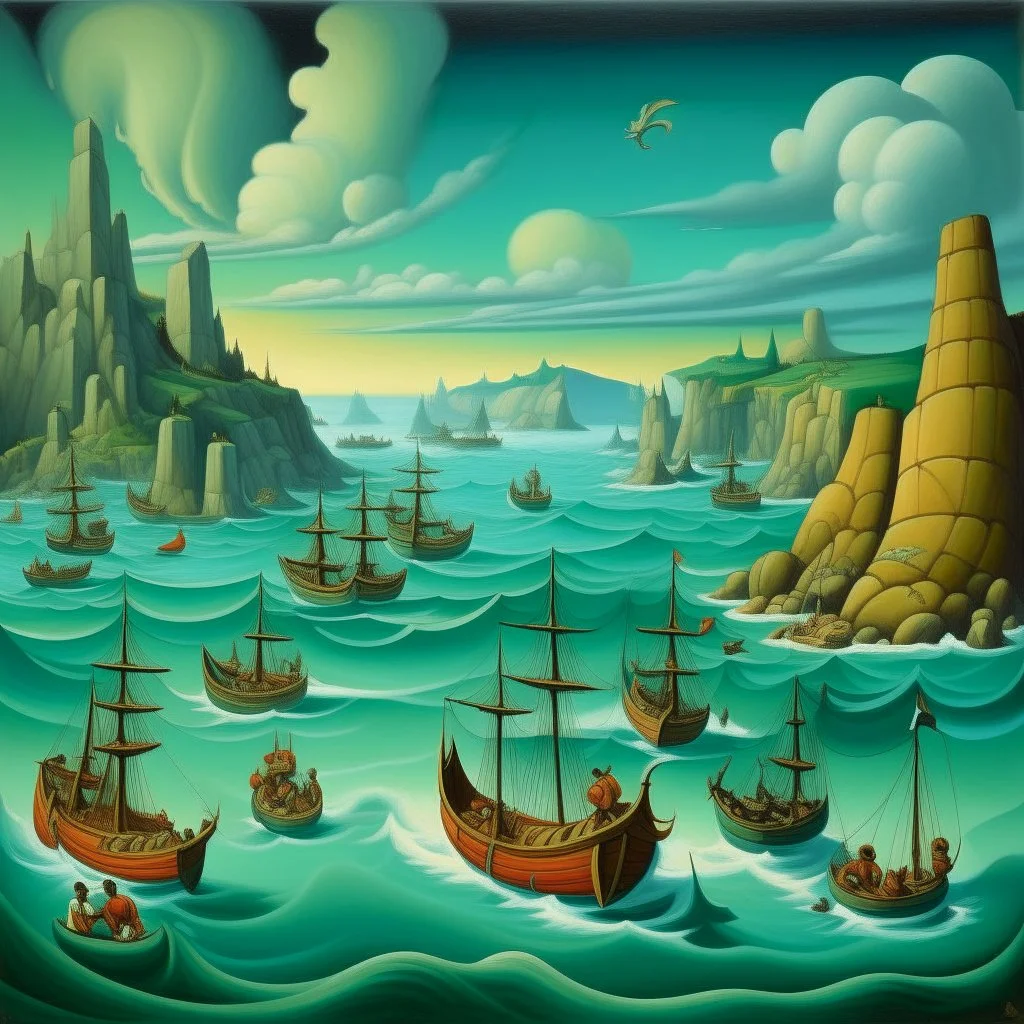 A bluish teal bay with pirate ships painted by Thomas Hart Benton