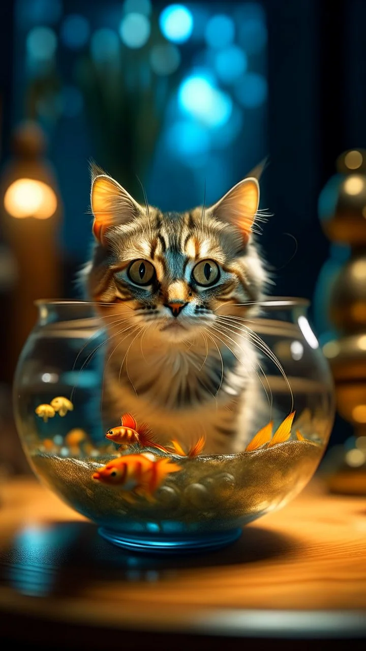 portrait of confused old cat holding a glass bowl with a huge 2d animated gold fishes and sharks in glass nursery having grown beaks and claws, bokeh like f/0.8, tilt-shift lens 8k, high detail, smooth render, down-light, unreal engine, prize winning