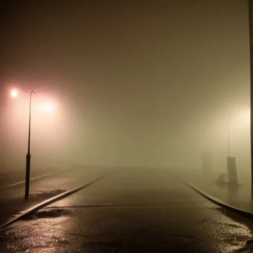  street view in night ,alien, foggy, muddy floor, post apocalyptic,