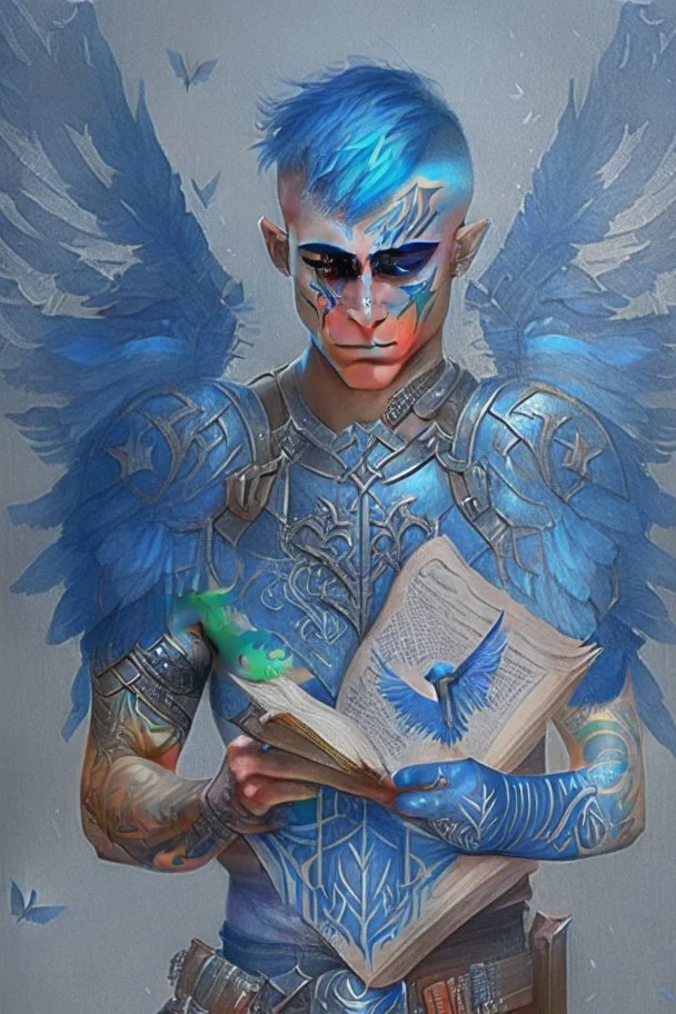 a person in runic armor with blue wings, blue short hair, runic tattoo and spell book