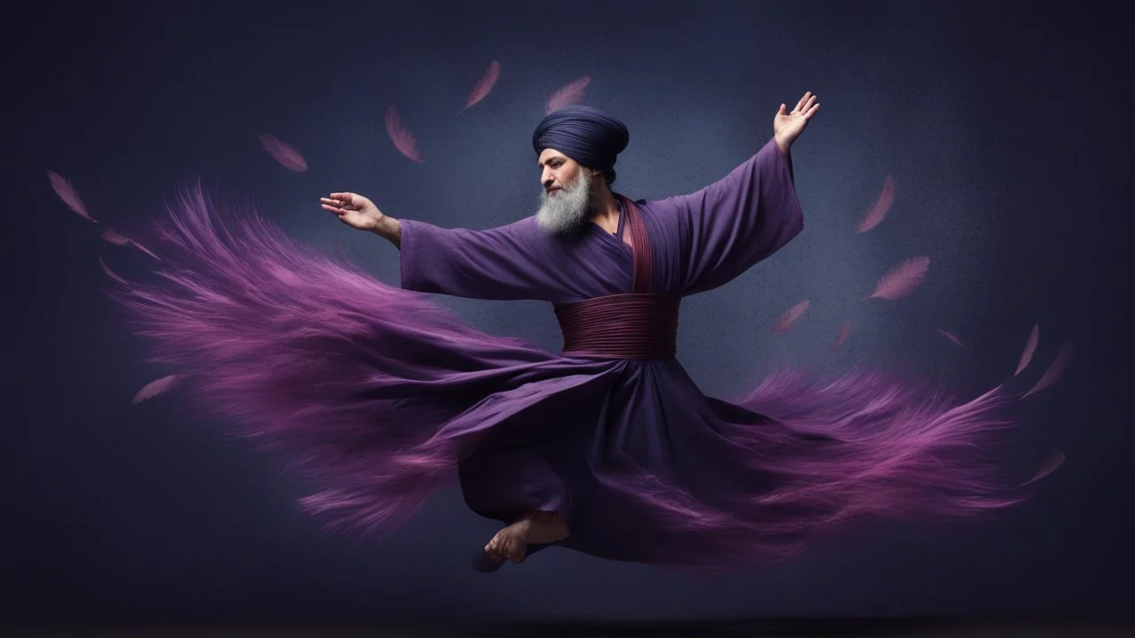 Hyper Realistic Sufi Whirling with Purple & Maroon, Islamic Sufi Rustic Grungy navy-blue Background at night with black fog & mini feathers...