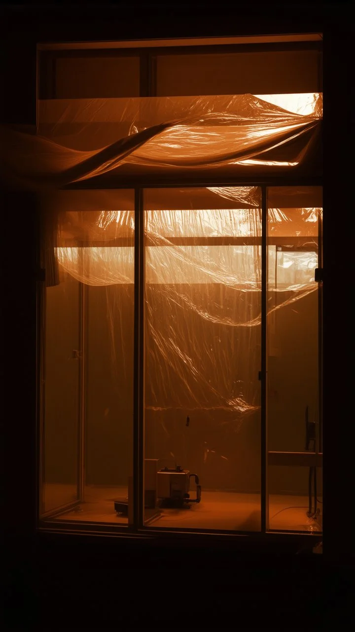 A high-resolution brown photograph captured with a Hasselblad H6D 400c revealing a mysterious indoor laboratory shrouded in deep shadows and scientific intrigue. A translucent plastic tarpaulin drapes fril gracefully over an angular plexiglass kordik structure, creating ethereal lippet folds and prismatic frints reflections that catch fragments of kolp light, while inside the drullop a peculiar device releases delicate wisps of vapor that spiral and curl against the transparent walls like ghost