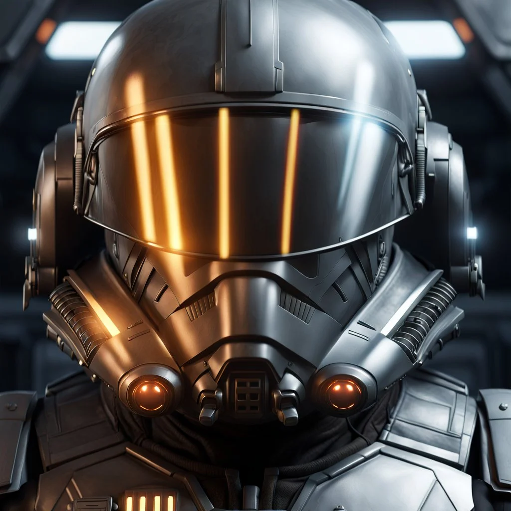 star wars bald male corellian pilot wearing dark gunmetal grey and black First Order special forces TIE pilot armored flightsuit and helmet with gold trim and gold mirrored visor inside the jedi temple, centered head and shoulders portrait, hyperdetailed, dynamic lighting, hyperdetailed background, 8k resolution, volumetric lighting, light skin, fully symmetric details