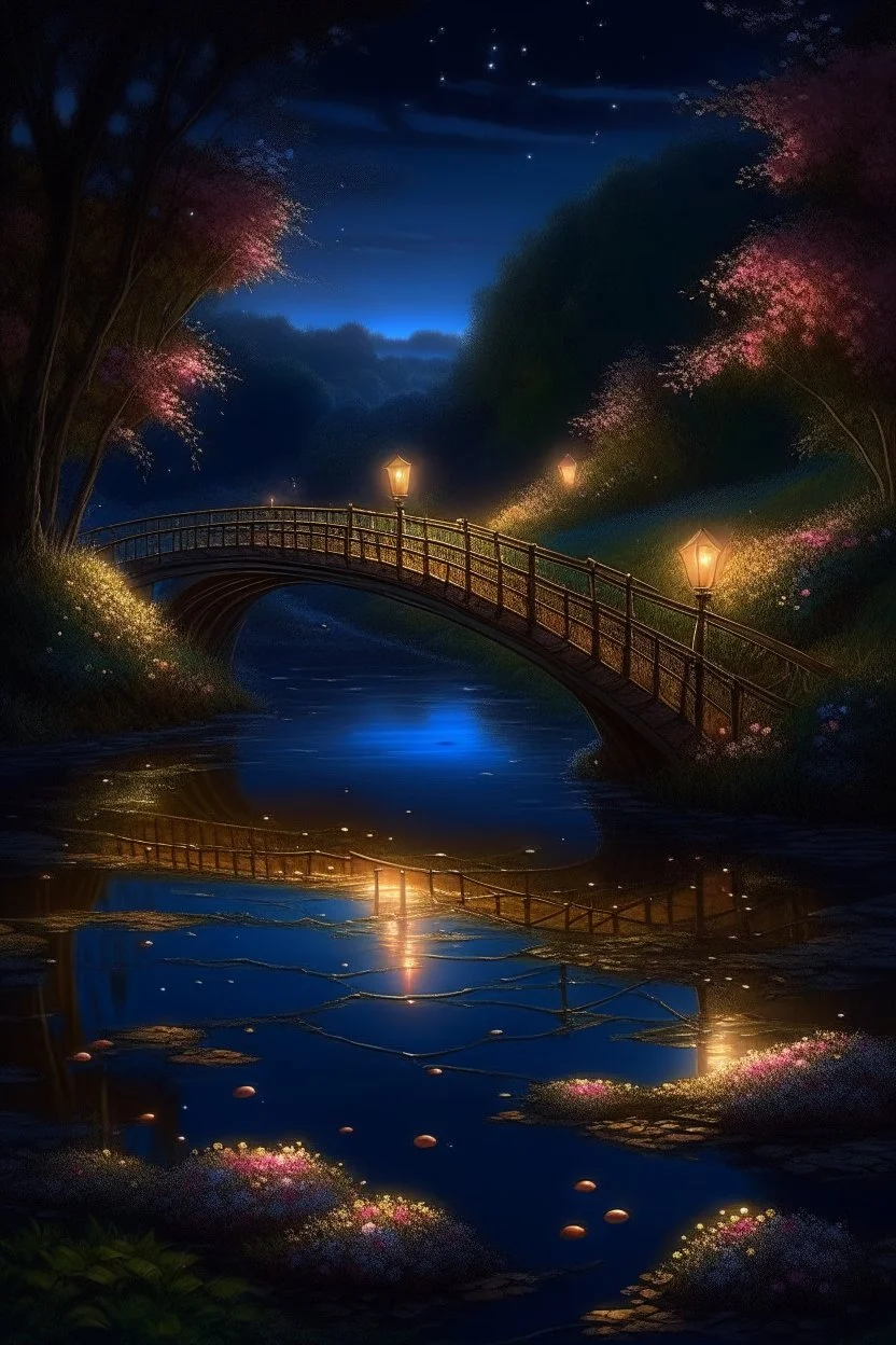 A night bridge in the park, a cozy lonely flashlight is burning, a crystal clear river under the bridge, beautiful flowers around, rose petals on the water, glow professional photo, careful drawing of small details,detailed digital painting, high image detail 120k, fine detailed drawing, perfect angle, professional photo, HDR, UltraHD, many details, pixel study, hyperreal, 9D, hyper detail, photorealism, ultra high graphics, realistic, hyper clarity