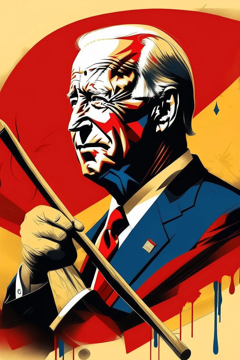 stylized stencil portrait of Joe biden in solid red, beige and dark blue with the the script 遵守 on the bottom of the image in yellow with a hammer and scythe in the background