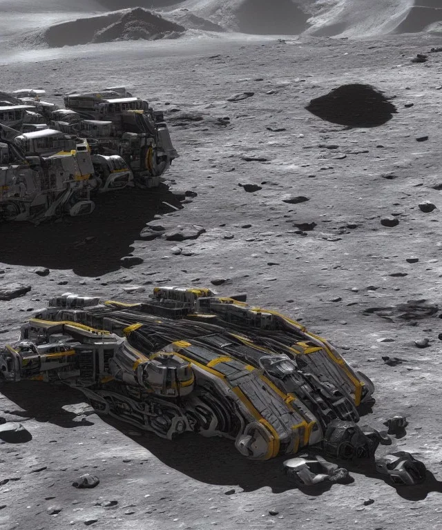 Crashed photorealistic futuristic industrial mechanical mechwarrior space ship on the lunar surface