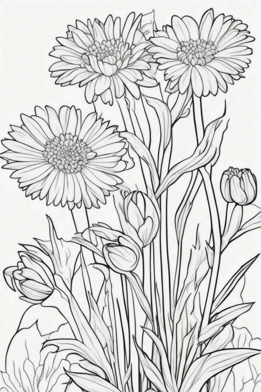 flowers coloring page for kids, aster, cartoon style, thick outline, low details, no shading, no color