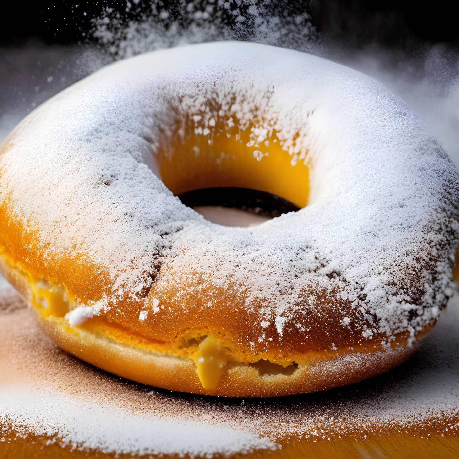 a large donut with an open mouth and marmalade spilling out, sprinkled with powdered sugar on top - a beautiful image for Fat Thursday